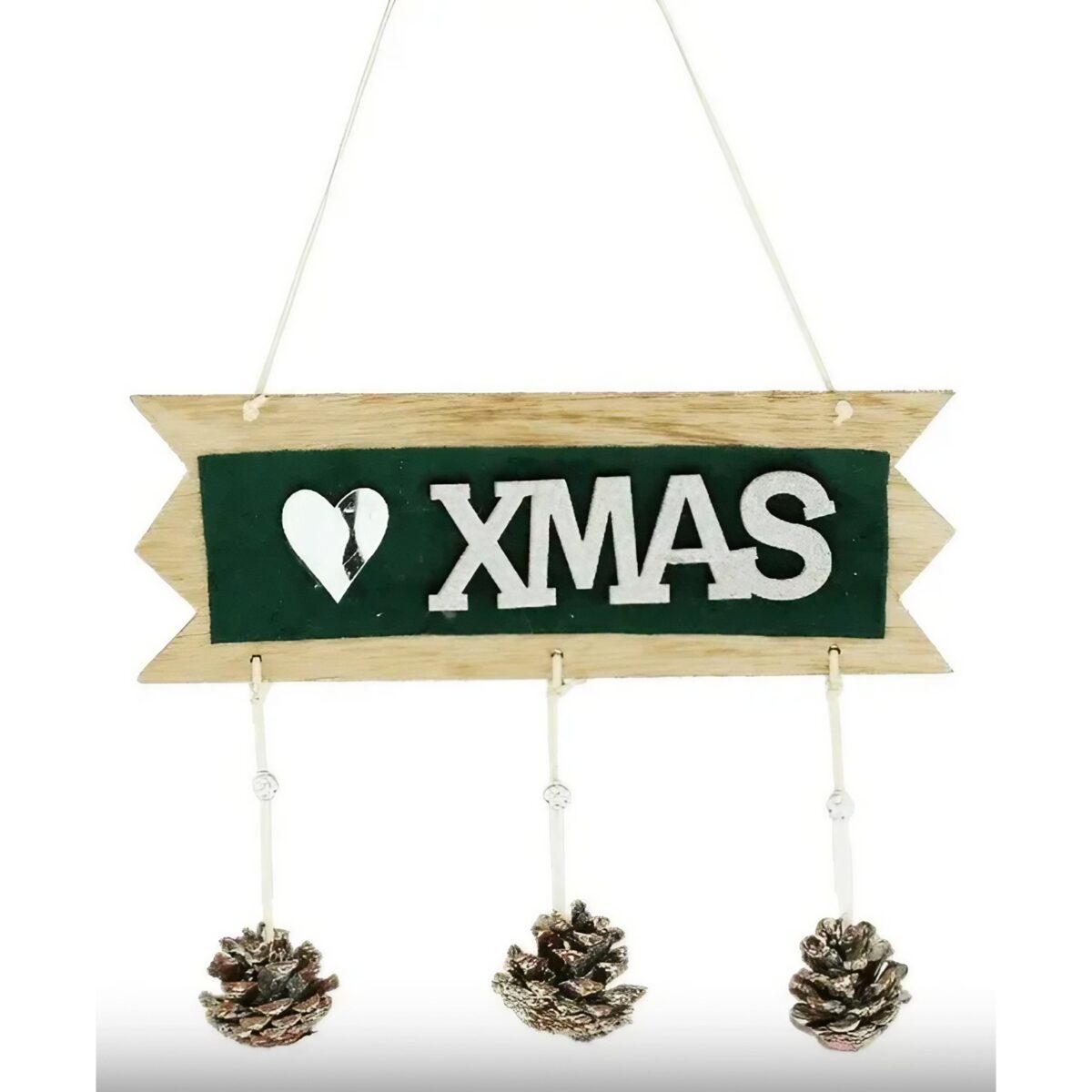 Decoratiune Craciun din Lemn, Embo, Model Scris Xmas, Conuri Atarnate, cu Inimioara 25x9 cm, pentru Brad sau Usa, Verde/Argintiu - imagine 4