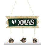 Decoratiune Craciun din Lemn, Embo, Model Scris Xmas, Conuri Atarnate, cu Inimioara 25x9 cm, pentru Brad sau Usa, Verde/Argintiu - imagine 4