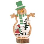 Decoratiune de Craciun, Embo, din Lemn, 10.5 x 18 cm, Model Om de Zapada cu Caciula Verde, Multicolor