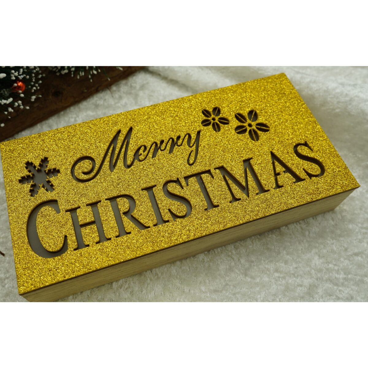 Decoratiune luminoasa, Embo, Marry Christmas, galben, lungime: 19 cm, latime: 9 cm, inaltime: 4 cm, lemn, interior/exterior - imagine 2