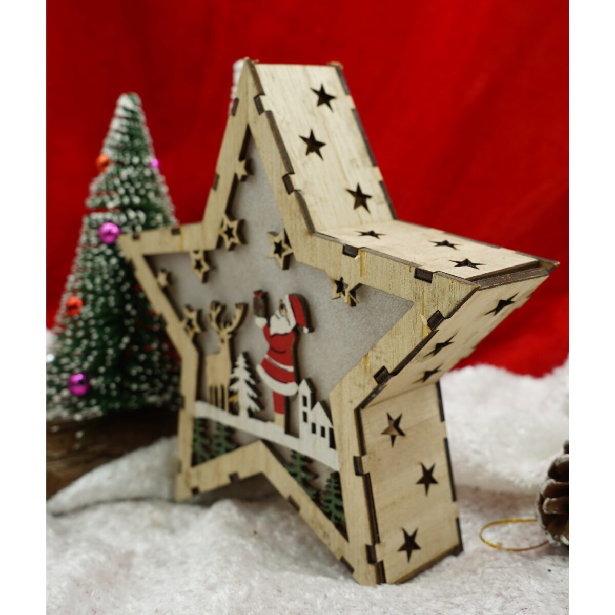 Decoratiune luminoasa, model de Stea cu Mos Craciun, maro, lungime: 18 cm, latime: 18 cm, inaltime: 4 cm, lemn, interior/exterior - imagine 3