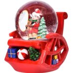 Decoratiune muzicala glob cu zapada, cu lumini si muzica, Mos Craciun, forma scaun, 13 cm, multicolor