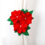 Decoratiune pentru perdea/draperie cu tematica de Craciun Embo, model floare Craciunita, material texit si poliester, 31 cm, cu snur, rosu - imagine 3