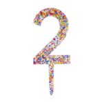 Decoratiune Topper pentru Tort, Embo, din Acrilic cu Fulgi de Sclipici, Model Cifra 2, Inaltime 18.5 cm, Transparent Multicolor