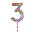 Decoratiune Topper pentru Tort, Embo, din Acrilic cu Fulgi de Sclipici, Model Cifra 3, Inaltime 18.5 cm, Transparent MulticolorÂ 
