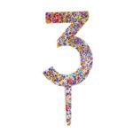 Decoratiune Topper pentru Tort, Embo, din Acrilic cu Fulgi de Sclipici, Model Cifra 3, Inaltime 18.5 cm, Transparent MulticolorÂ 