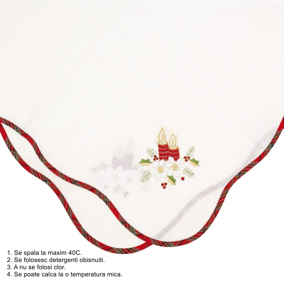 Fata de Masa Embo, Material In Brodat, cu Motive Florale de Craciun si Lumanari, 85 x 85 cm, Alb - imagine 3