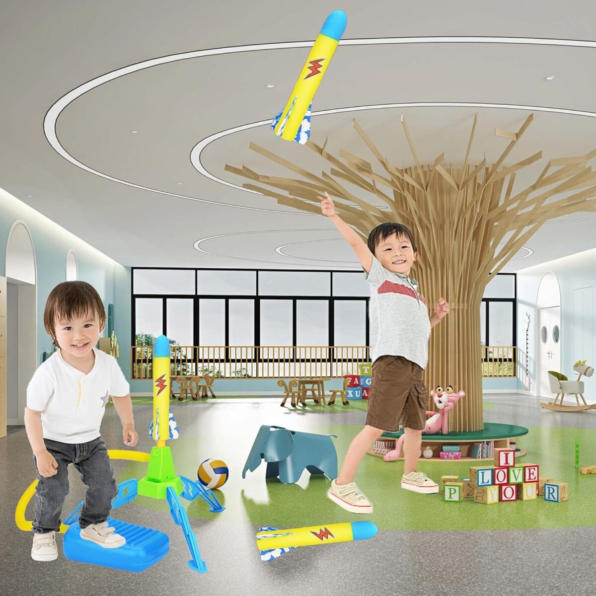 Jucarie pentru Copii, Embo, Lansator de Rachete cu Piciorul, un Singur Lansator, 3 Rachete cu Lumini, 40.5 cm Inaltime, Multicolor - imagine 4