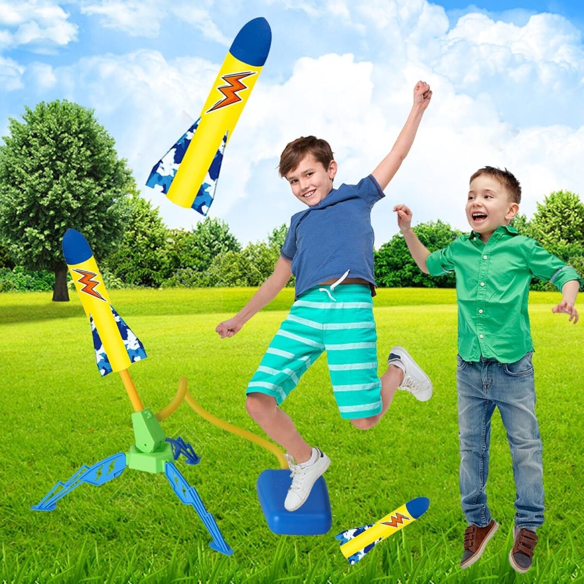 Jucarie pentru Copii, Embo, Lansator de Rachete cu Piciorul, un Singur Lansator, 3 Rachete cu Lumini, 40.5 cm Inaltime, Multicolor - imagine 8