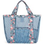 Geanta de Plaja, Embo, din Plasa Transparenta, Imprimeu Floral, 43 x 10 x 33 cm, Model pentru Umar, Lungime Inferioara 33 cm, Albastru