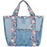 Geanta de Plaja, Embo, din Plasa Transparenta, Imprimeu Floral, 43 x 10 x 33 cm, Model pentru Umar, Lungime Inferioara 33 cm, Albastru