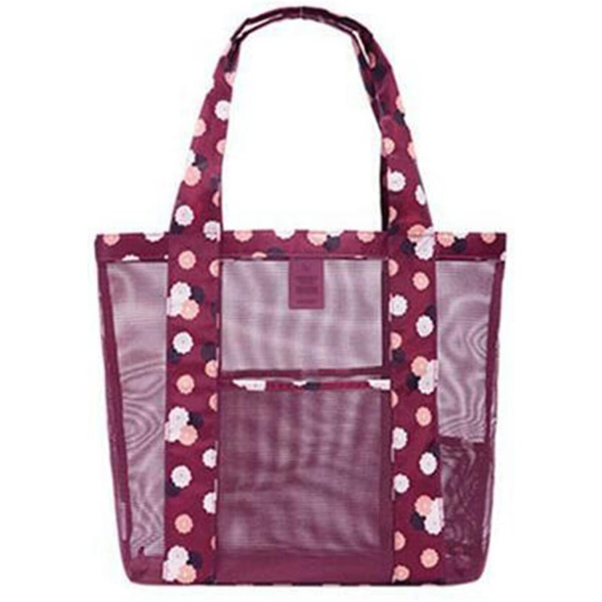 Geanta de Plaja, Embo, din Plasa Transparenta, Imprimeu Floral, 43 x 10 x 33 cm, Model pentru Umar, Lungime Inferioara 33 cm, Burgundy - imagine 6