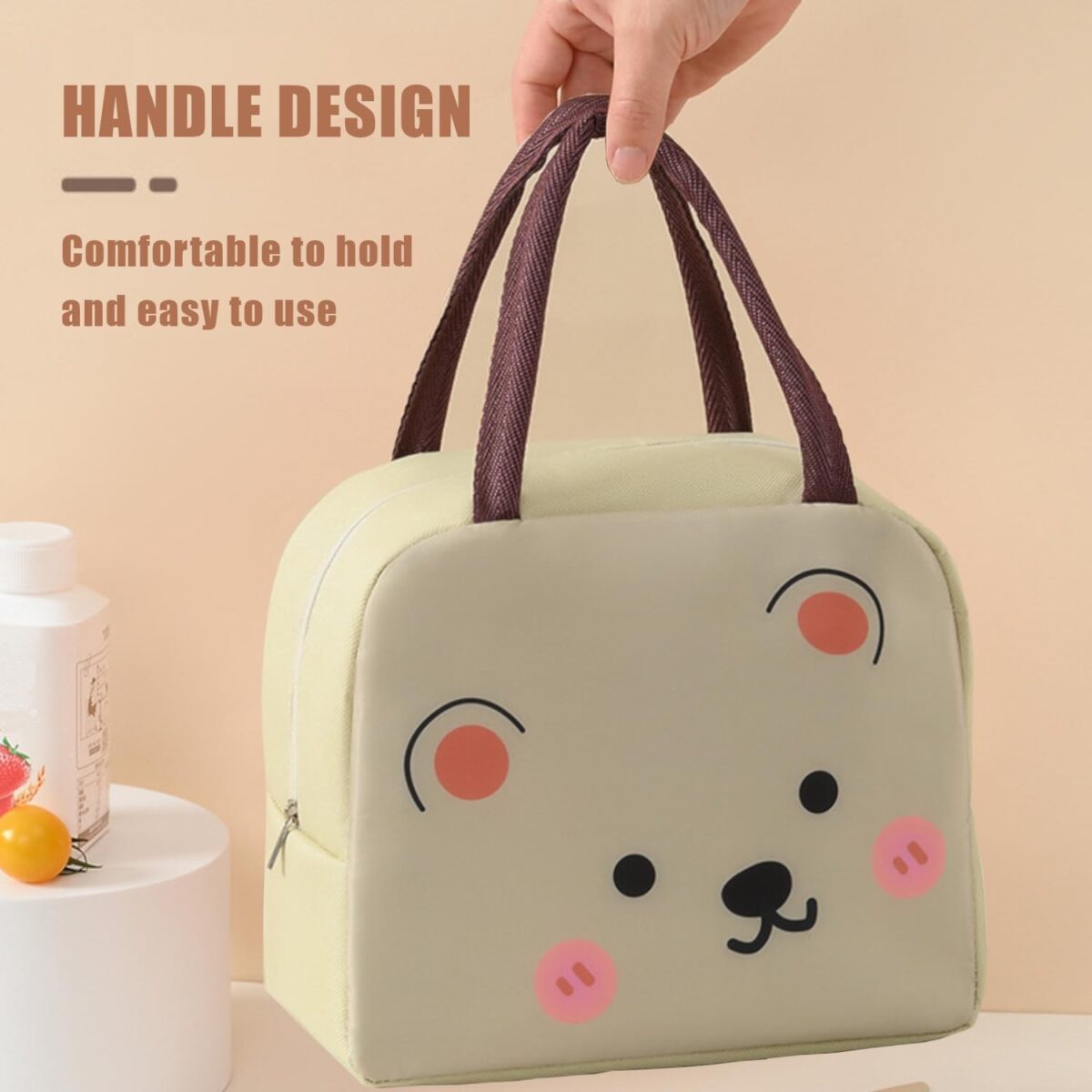 Geantă Frigorifică, Embo, cu Desene Animat, Portabilă pentru Copii, de Prânz, din Pânză Oxford, 22x14x19 cm, Model Ursulet, Bej - imagine 5