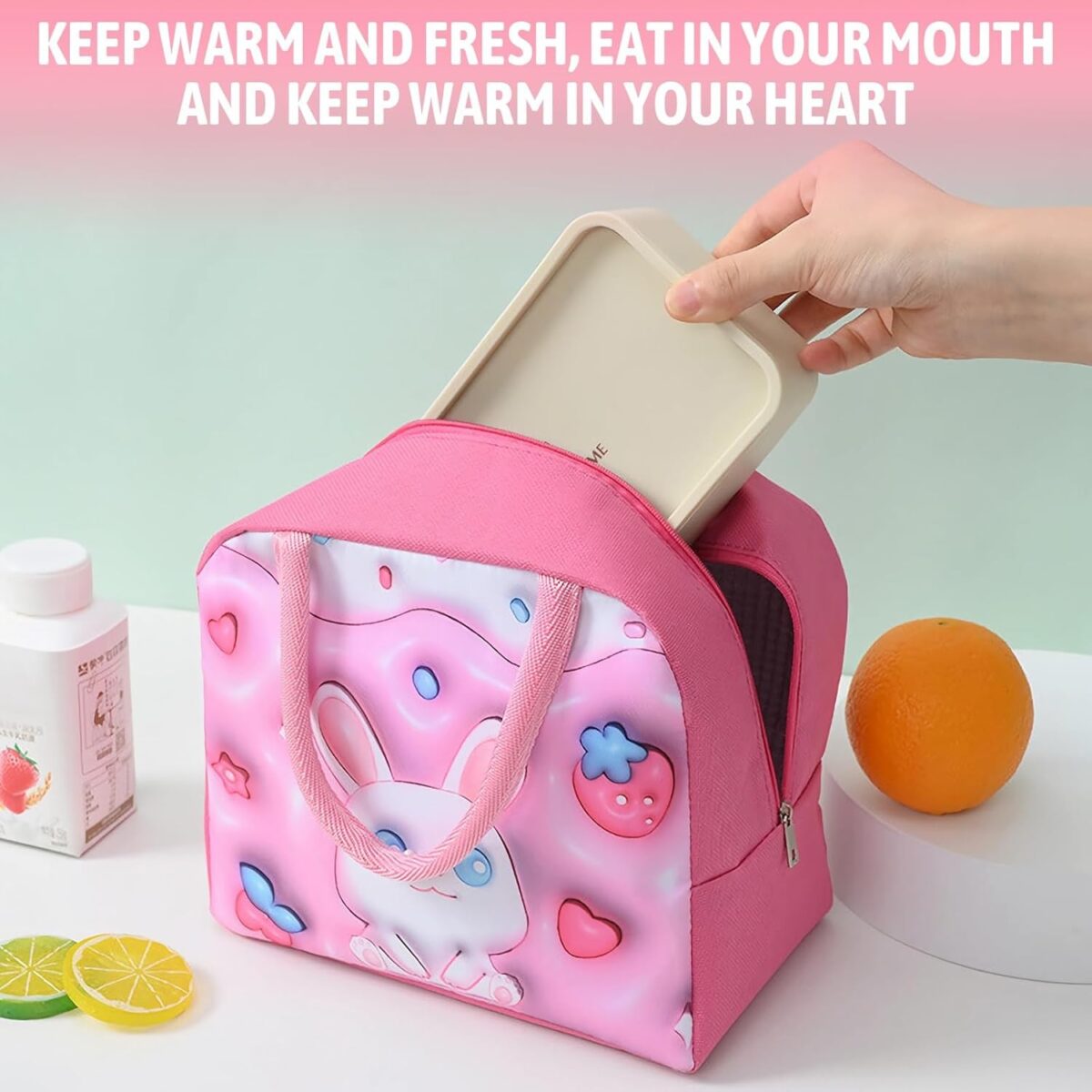 Geantă Frigorifică, Embo, cu Desene Animate 3D, Portabilă pentru Copii, de Prânz, din Pânză Oxford, 23x13x19 cm, Model Iepuras, Roz - imagine 3