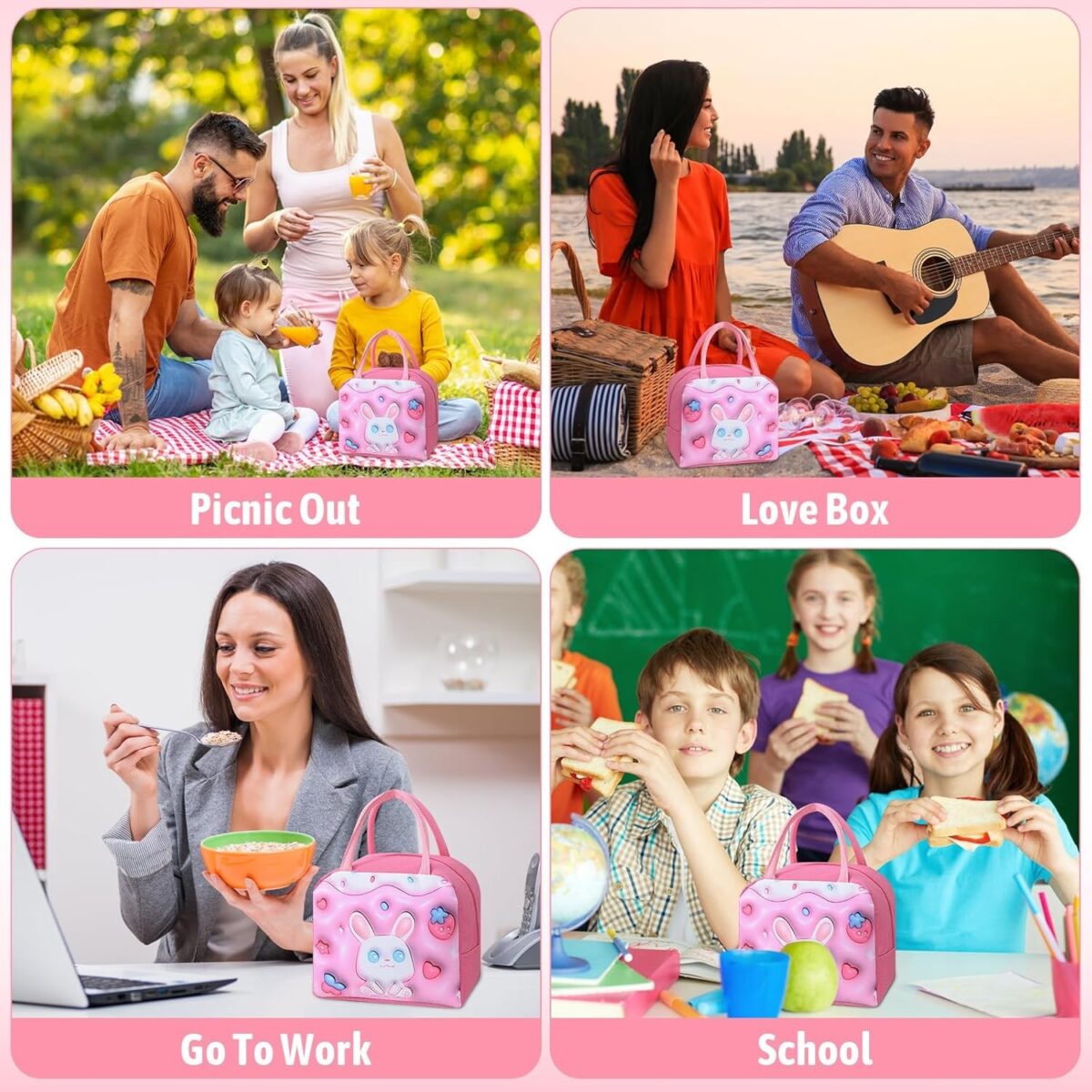 Geantă Frigorifică, Embo, cu Desene Animate 3D, Portabilă pentru Copii, de Prânz, din Pânză Oxford, 23x13x19 cm, Model Iepuras, Roz - imagine 4