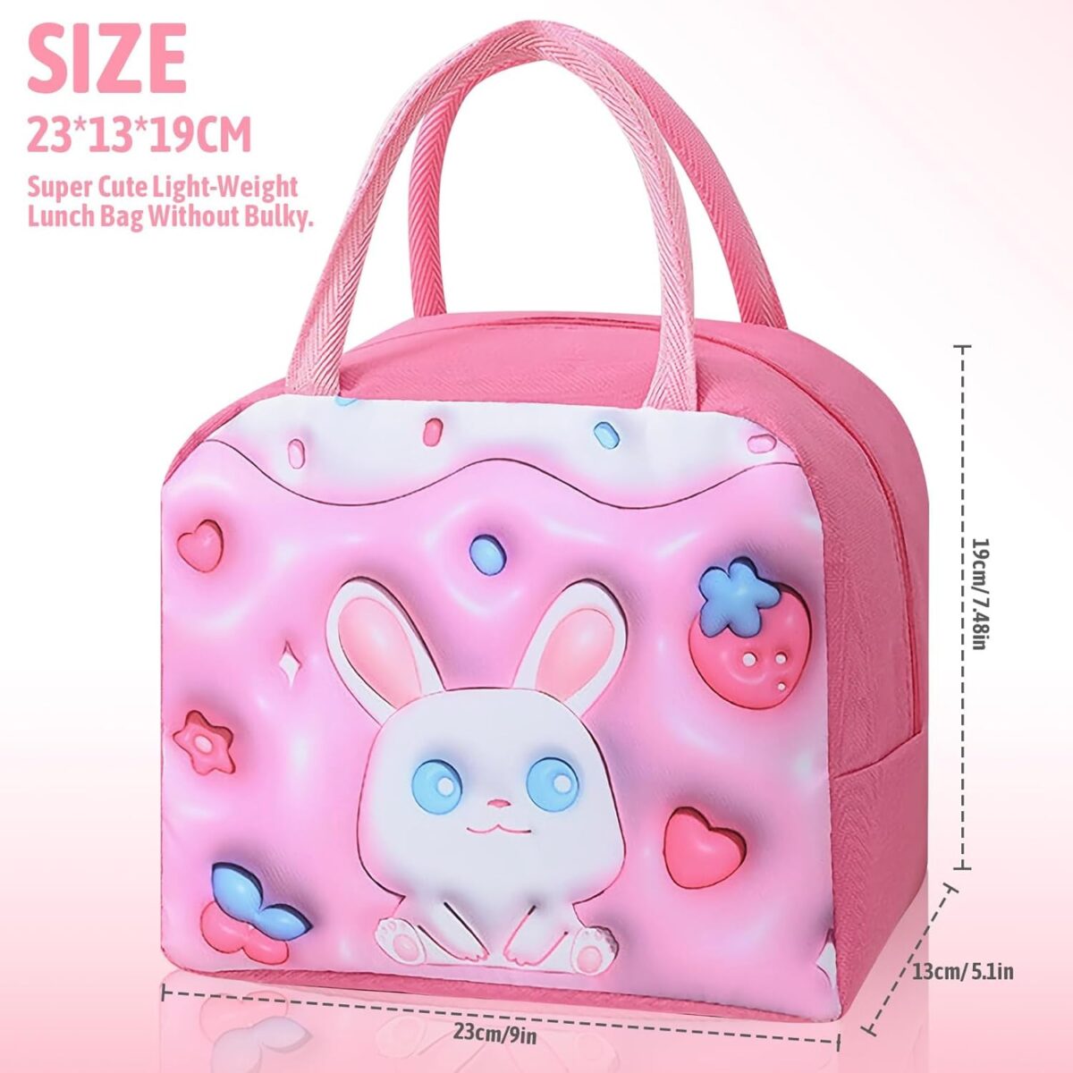 Geantă Frigorifică, Embo, cu Desene Animate 3D, Portabilă pentru Copii, de Prânz, din Pânză Oxford, 23x13x19 cm, Model Iepuras, Roz - imagine 6