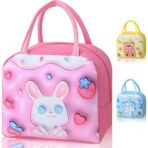 Geantă Frigorifică, Embo, cu Desene Animate 3D, Portabilă pentru Copii, de Prânz, din Pânză Oxford, 23x13x19 cm, Model Iepuras, Roz - imagine 9