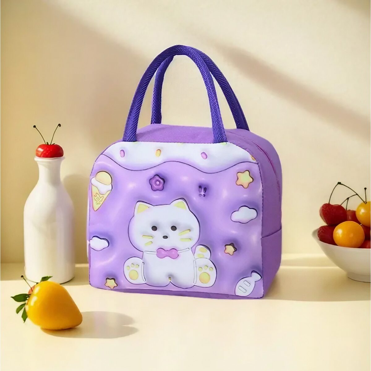 Geantă Frigorifică, Embo, cu Desene Animate 3D, Portabilă pentru Copii, de Prânz, din Pânză Oxford, 23x13x19 cm, Model Pisicuta, Mov - imagine 3