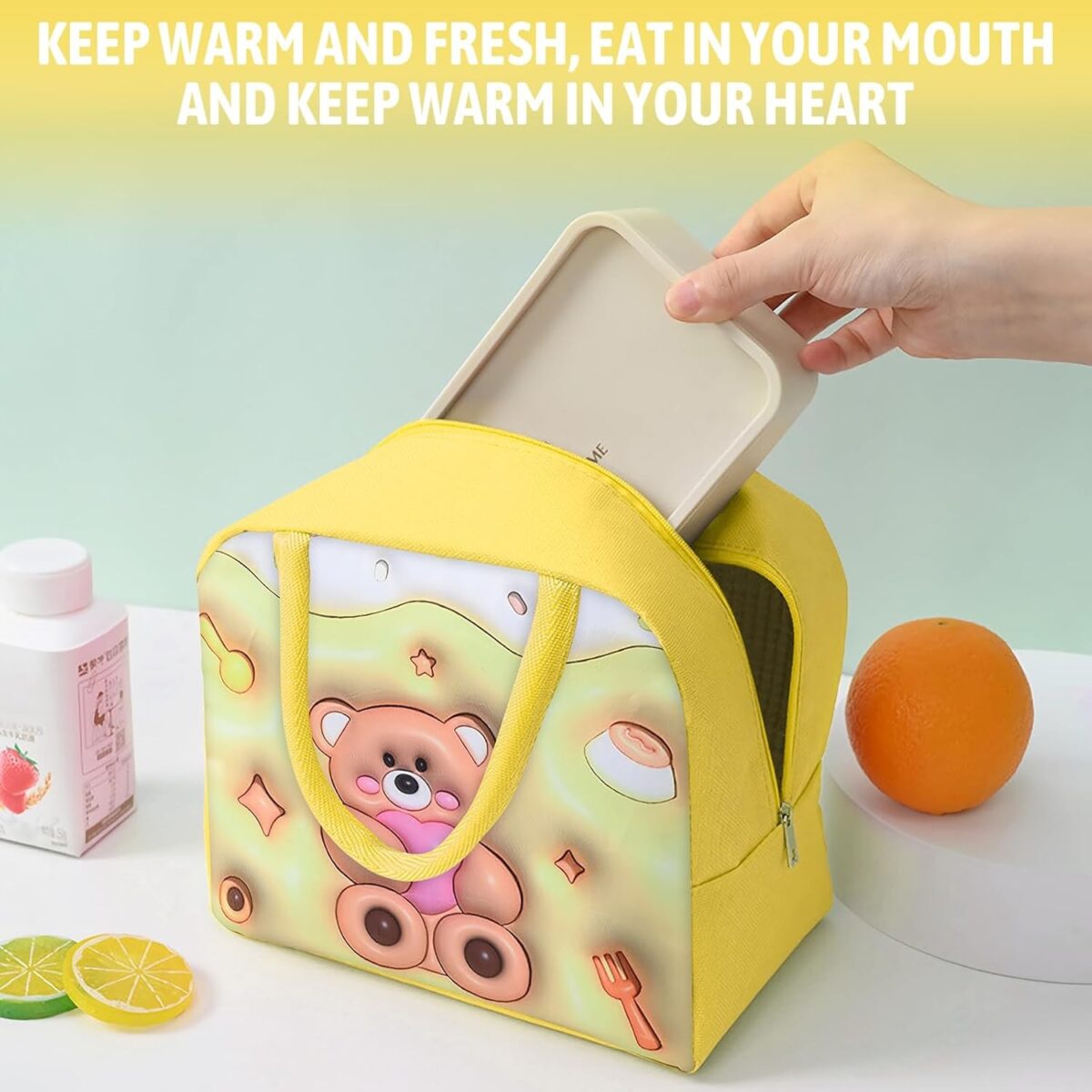Geantă Frigorifică, Embo, cu Desene Animate 3D, Portabilă pentru Copii, de Prânz, din Pânză Oxford, 23x13x19 cm, Model Ursulet, Galben - imagine 3