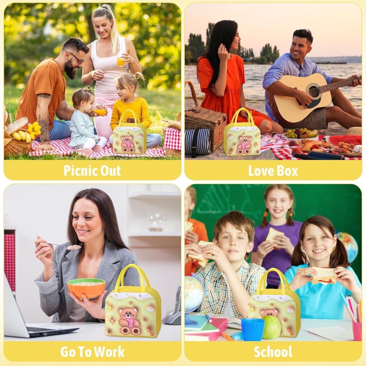 Geantă Frigorifică, Embo, cu Desene Animate 3D, Portabilă pentru Copii, de Prânz, din Pânză Oxford, 23x13x19 cm, Model Ursulet, Galben - imagine 4