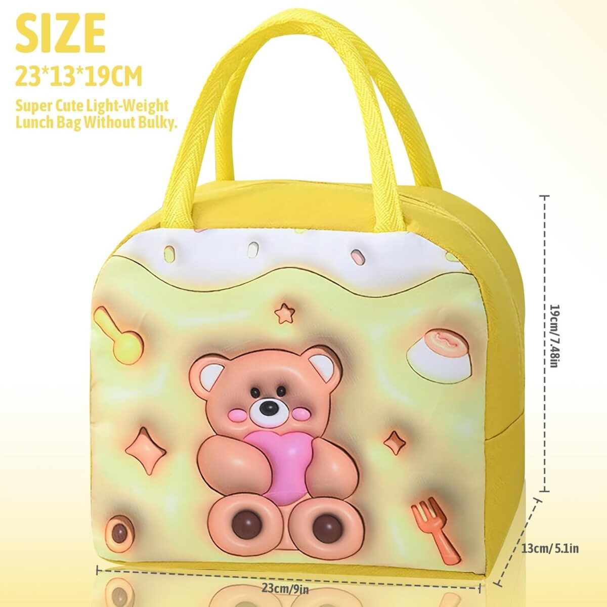 Geantă Frigorifică, Embo, cu Desene Animate 3D, Portabilă pentru Copii, de Prânz, din Pânză Oxford, 23x13x19 cm, Model Ursulet, Galben - imagine 7