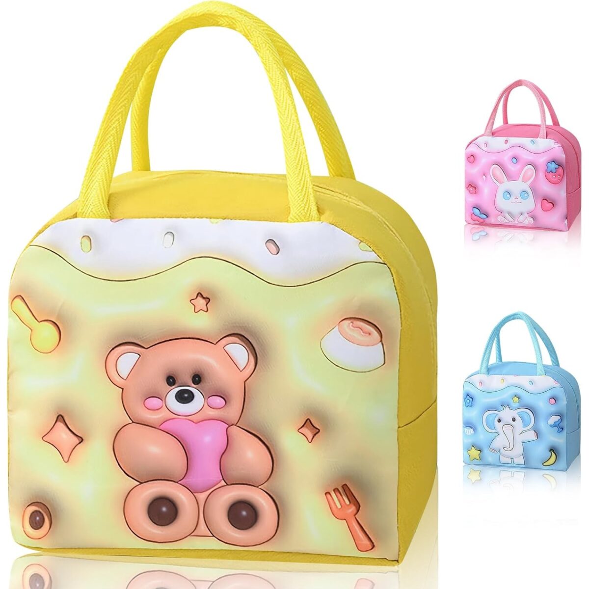 Geantă Frigorifică, Embo, cu Desene Animate 3D, Portabilă pentru Copii, de Prânz, din Pânză Oxford, 23x13x19 cm, Model Ursulet, Galben - imagine 9