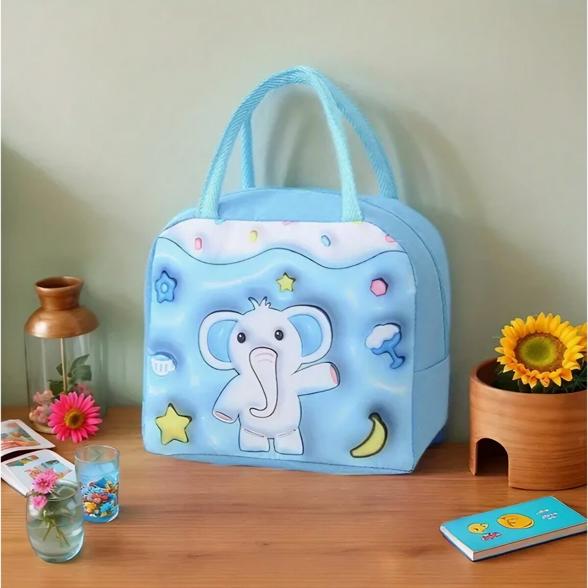 Geantă Frigorifică, Embo, cu Desene Animate 3D, Portabilă pentru Copii, de Prânz, din Pânză Oxford, 23x13x19 cm, Model Elefantel, Albastru - imagine 3