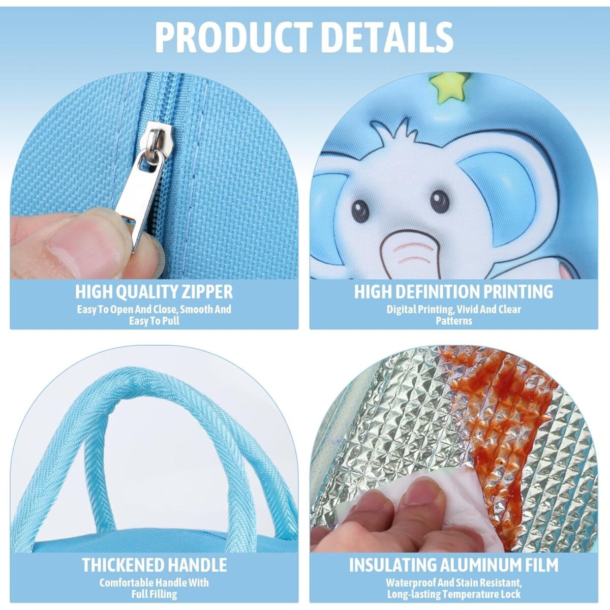 Geantă Frigorifică, Embo, cu Desene Animate 3D, Portabilă pentru Copii, de Prânz, din Pânză Oxford, 23x13x19 cm, Model Elefantel, Albastru - imagine 7