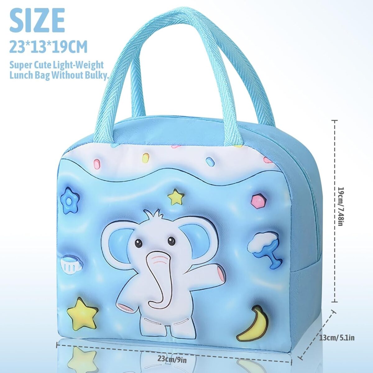 Geantă Frigorifică, Embo, cu Desene Animate 3D, Portabilă pentru Copii, de Prânz, din Pânză Oxford, 23x13x19 cm, Model Elefantel, Albastru - imagine 8