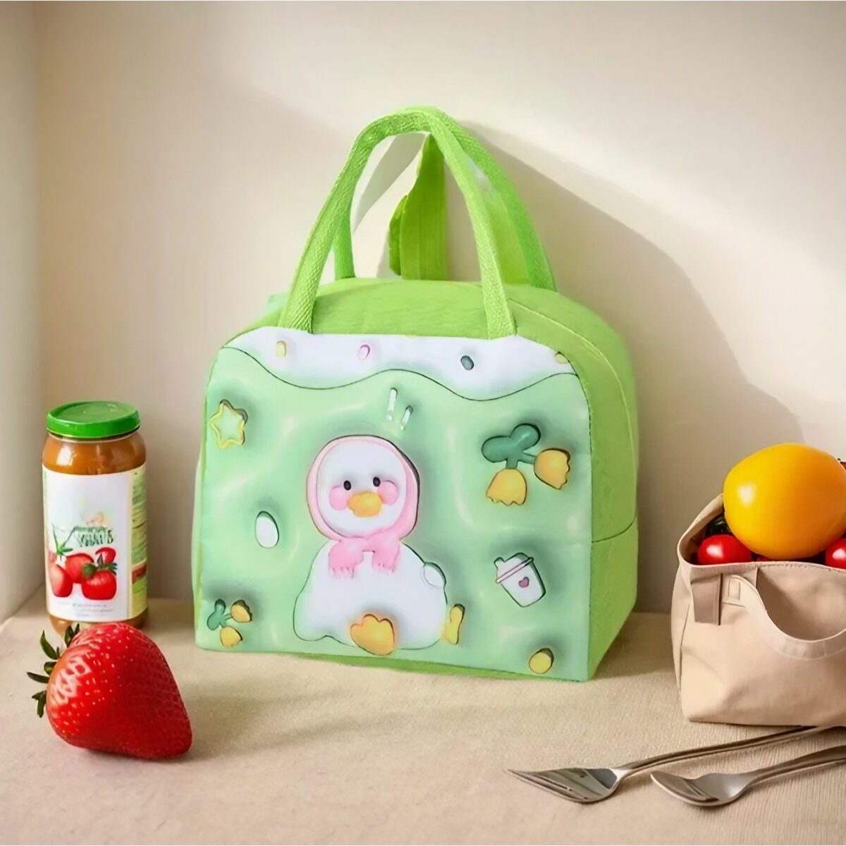 Geantă Frigorifică, Embo, cu Desene Animate 3D, Portabilă pentru Copii, de Prânz, din Pânză Oxford, 23x13x19 cm, Model Ratusca, Verde - imagine 3