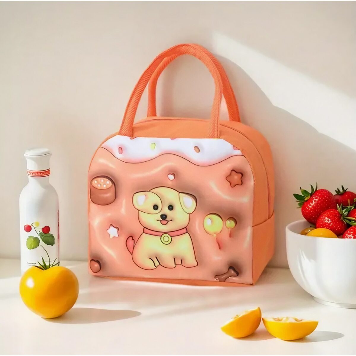 Geantă Frigorifică, Embo, cu Desene Animate 3D, Portabilă pentru Copii, de Prânz, din Pânză Oxford, 23x13x19 cm, Model Catelus, Maro - imagine 5