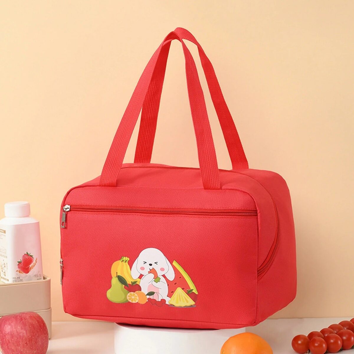 Geanta Termo-Izolanta, Embo, Compartimente Telefon si Tacamuri, Multifunctionala, Impermeabila, 30x21x20 cm, Design Iepuras, Rosu - imagine 2