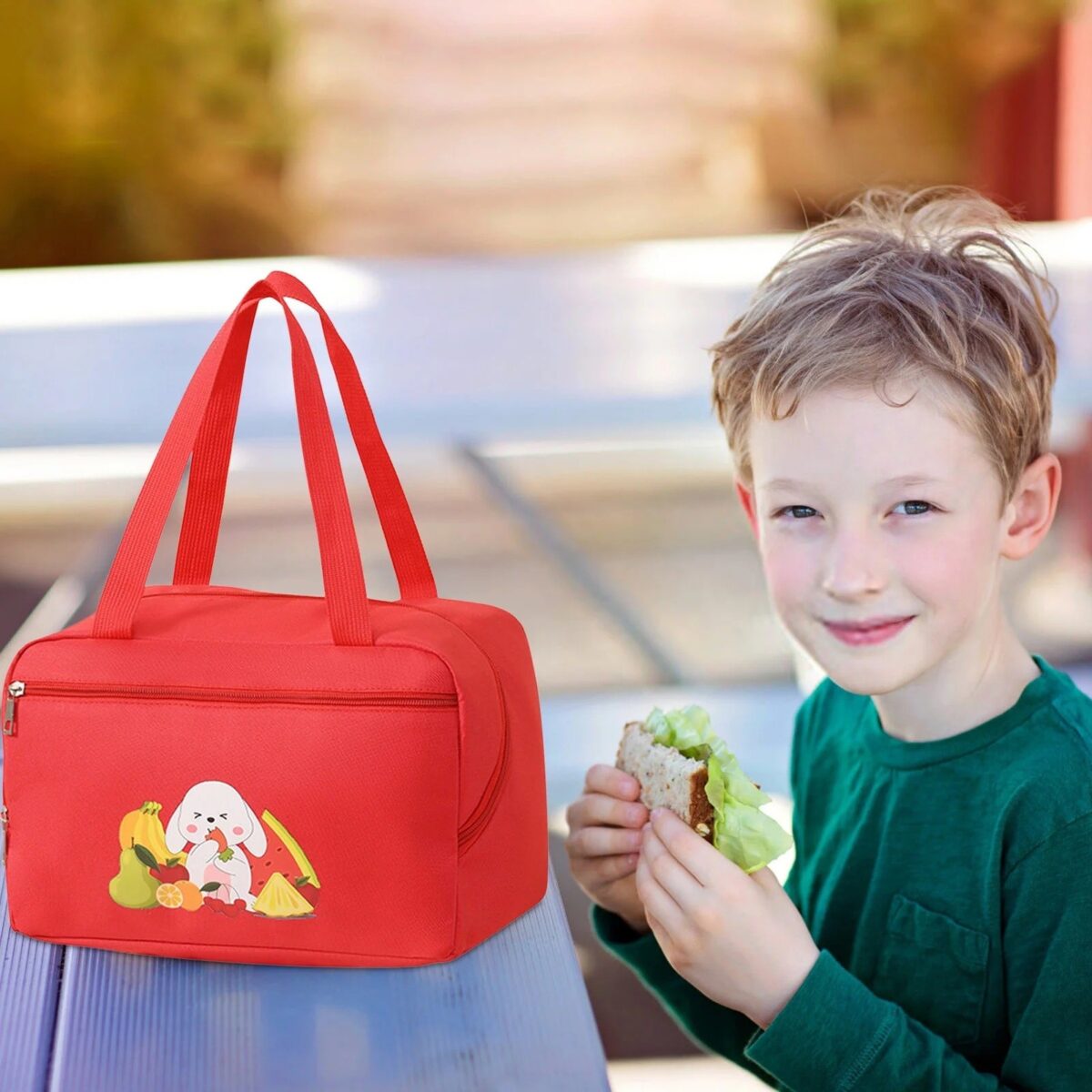 Geanta Termo-Izolanta, Embo, Compartimente Telefon si Tacamuri, Multifunctionala, Impermeabila, 30x21x20 cm, Design Iepuras, Rosu - imagine 3