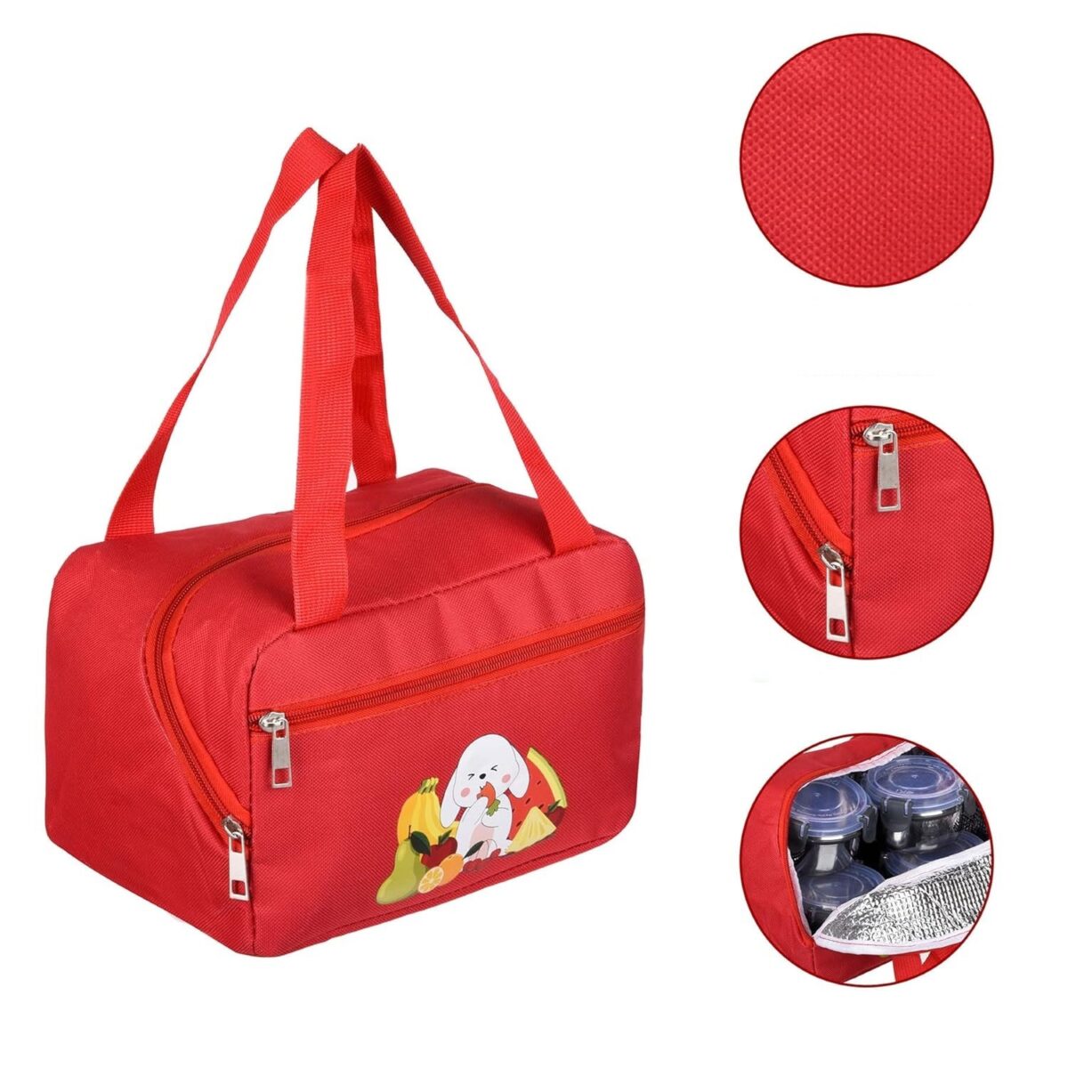 Geanta Termo-Izolanta, Embo, Compartimente Telefon si Tacamuri, Multifunctionala, Impermeabila, 30x21x20 cm, Design Iepuras, Rosu - imagine 5