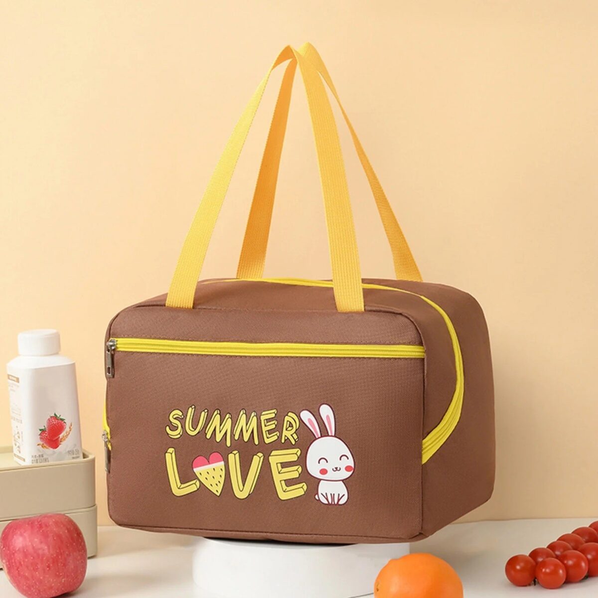 Geanta Termo-Izolanta, Embo, Compartimente Telefon si Tacamuri, Multifunctionala, Impermeabila, 30x21x20 cm, Design Iepuras, Maro - imagine 3