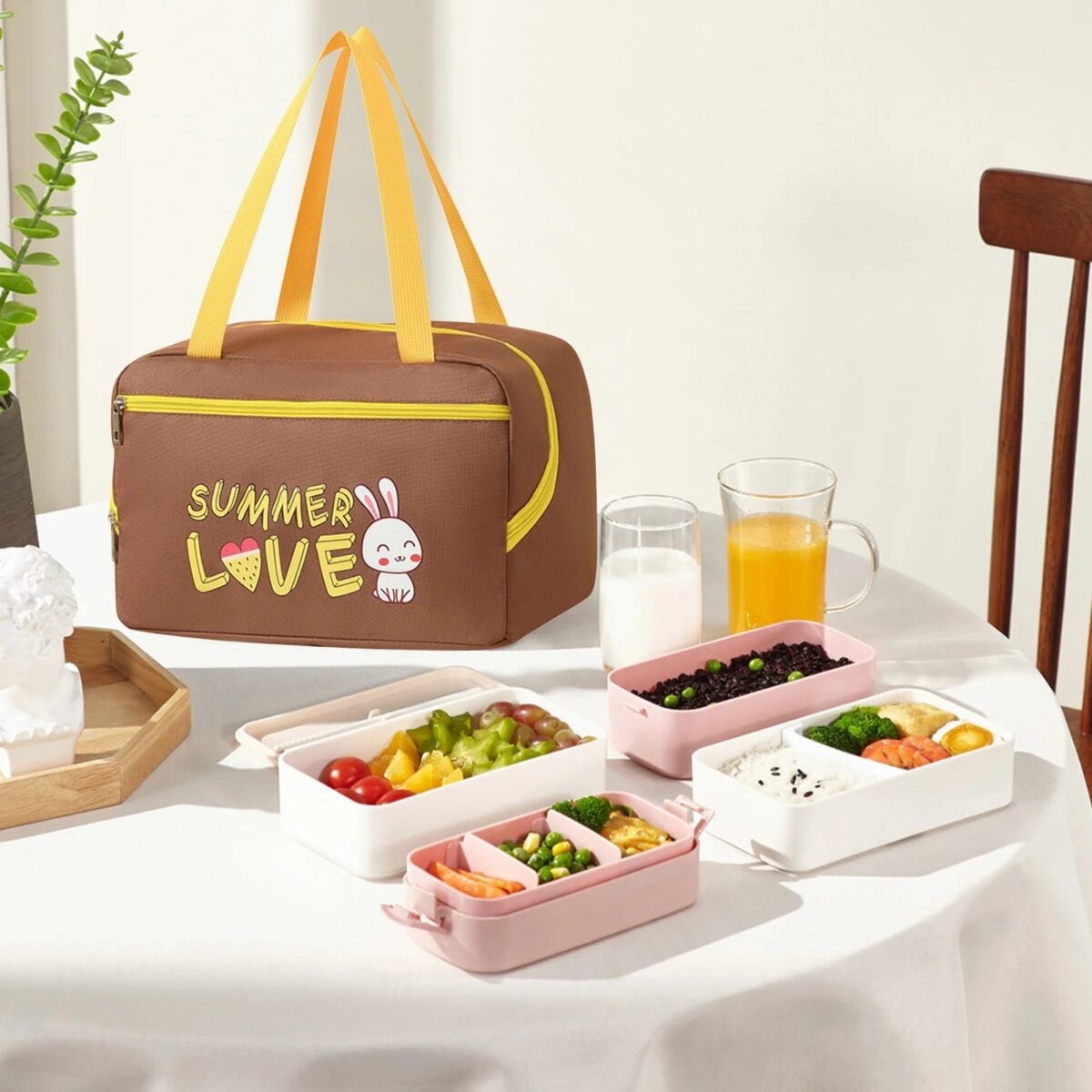 Geanta Termo-Izolanta, Embo, Compartimente Telefon si Tacamuri, Multifunctionala, Impermeabila, 30x21x20 cm, Design Iepuras, Maro - imagine 5