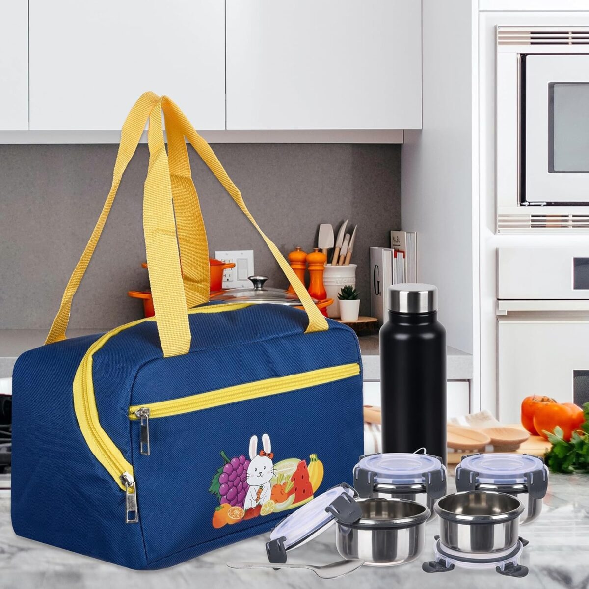 Geanta Termo-Izolanta, Embo, Compartimente Telefon si Tacamuri, Multifunctionala, Impermeabila, 30x21x20 cm, Design Iepuras, Albastru - imagine 4