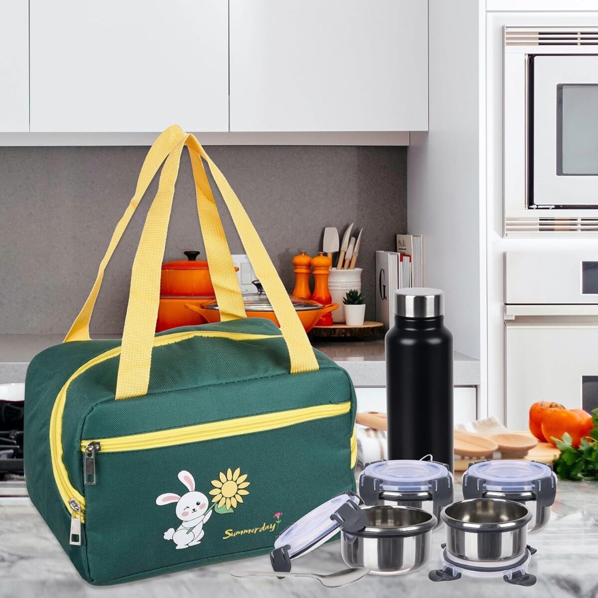 Geanta Termo-Izolanta, Embo, Compartimente Telefon si Tacamuri, Multifunctionala, Impermeabila, 30x21x20 cm, Design Iepuras, Verde - imagine 3