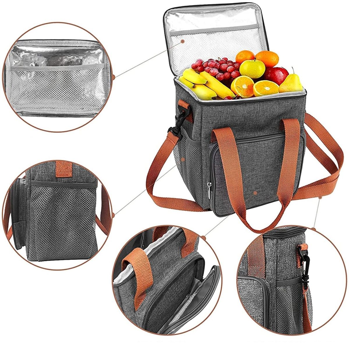 Geanta Termo-Izolanta, Embo, Multifunctionala, 1 Compartiment Principal, 1 Buzunar Lateral Exterior, Impermeabila, Manere si Bretea de Umar, 25x22x15 cm, Gri - imagine 2