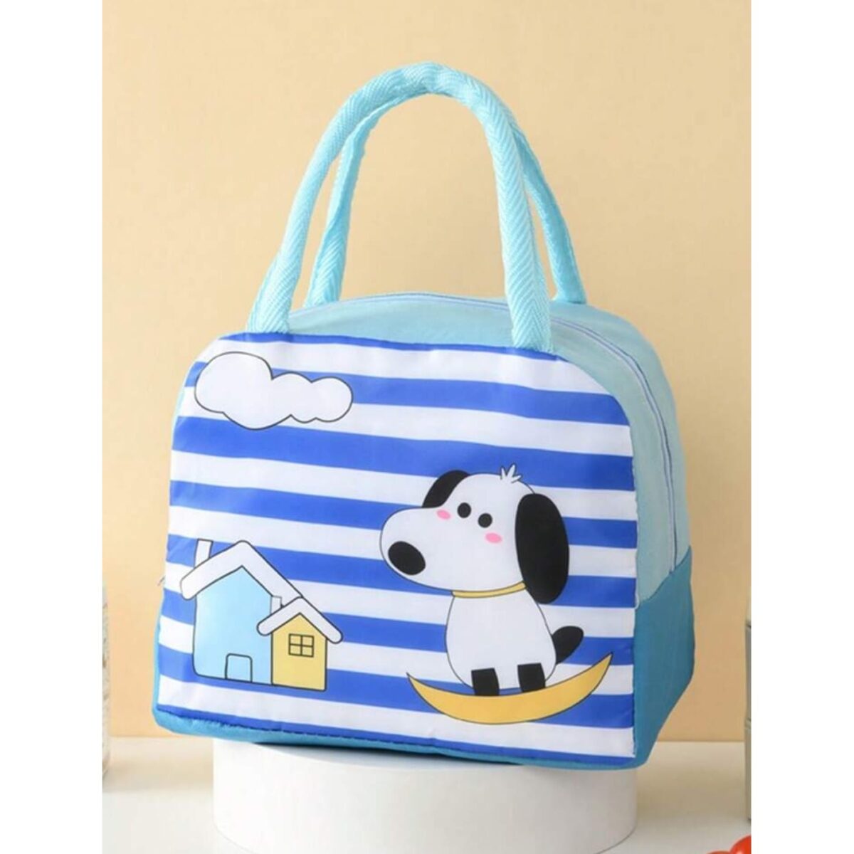 Geanta Termoizolanta pentru Copii, Embo, 23x13x19 cm, Model Imprimeu Catel, din Folie de Aluminiu si Panza Oxford, Albastru/Alb - imagine 6