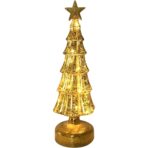Decoratiune de Craciun, Embo, Model Brad cu Stea, din Sticla, Lumini, Baterii 3 AA, 31.5 x 9 cm, Auriu
