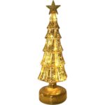 Decoratiune de Craciun, Embo, Model Brad cu Stea, din Sticla, Lumini, Baterii 3 AA, 31.5 x 9 cm, Auriu