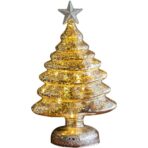 Decoratiune de Craciun, Embo, Model Brad cu Stea, din Sticla, Lumini, Baterii 3 AA, 22 x 9 cm, Auriu