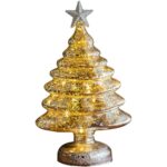 Decoratiune de Craciun, Embo, Model Brad cu Stea, din Sticla, Lumini, Baterii 3 AA, 22 x 9 cm, Auriu