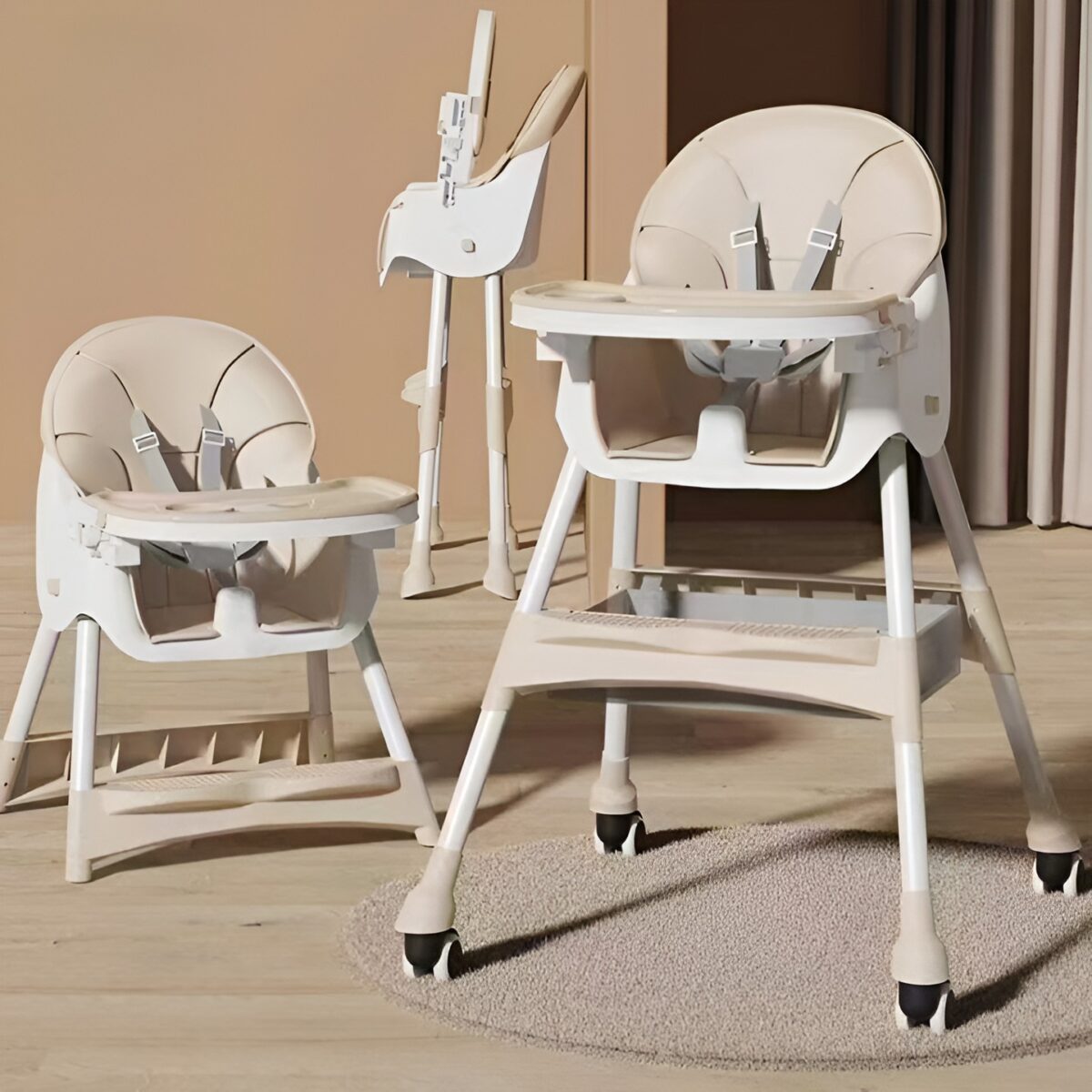 Scaun de Masa pentru Bebelusi si Copii, Embo, cu Roti, Telescopic, Pliabil, Masuta Reglabila, Suport Picioare, Scaun cu Invelis Piele Artificiala, Centura Siguranta, Spatiu Depozitare, 97x73x65 cm, Bej - imagine 2