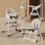 Scaun de Masa pentru Bebelusi si Copii, Embo, cu Roti, Telescopic, Pliabil, Masuta Reglabila, Suport Picioare, Scaun cu Invelis Piele Artificiala, Centura Siguranta, Spatiu Depozitare, 97x73x65 cm, Bej - imagine 3