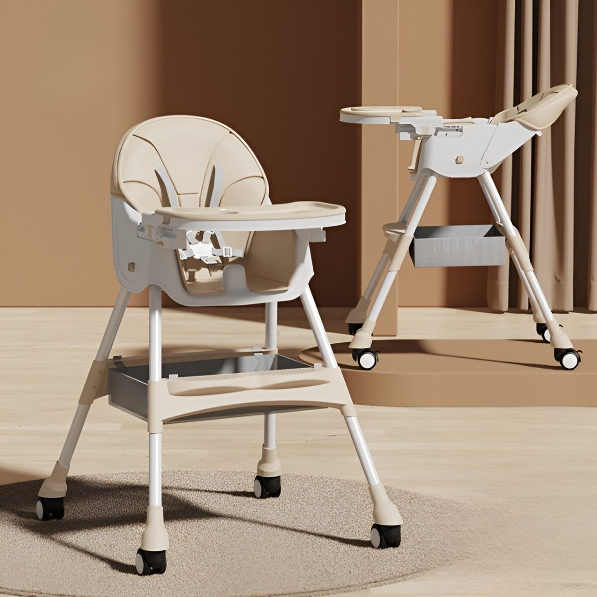 Scaun de Masa pentru Bebelusi si Copii, Embo, cu Roti, Telescopic, Pliabil, Masuta Reglabila, Suport Picioare, Scaun cu Invelis Piele Artificiala, Centura Siguranta, Spatiu Depozitare, 97x73x65 cm, Bej - imagine 4