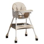 Scaun de Masa pentru Bebelusi si Copii, Embo, cu Roti, Telescopic, Pliabil, Masuta Reglabila, Suport Picioare, Scaun cu Invelis Piele Artificiala, Centura Siguranta, Spatiu Depozitare, 97x73x65 cm, Bej