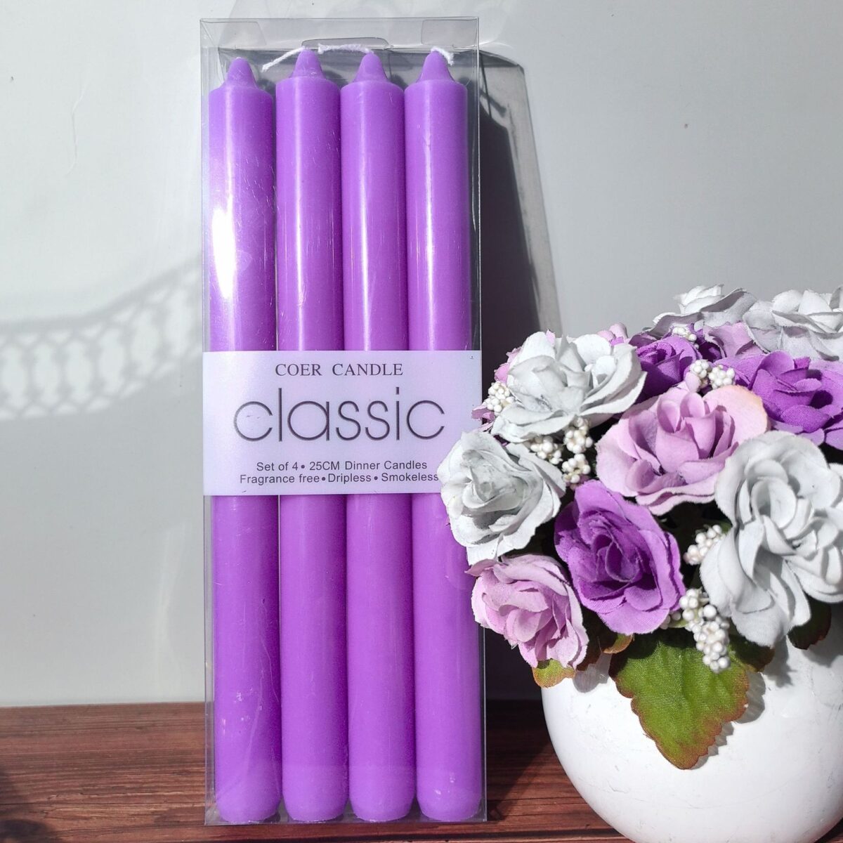 Set 4 Lumanari, Embo, pentru Suport de Masa, Fara Miros si Fum, din Parafina, 2.2 x 25 cm, Mov - imagine 2