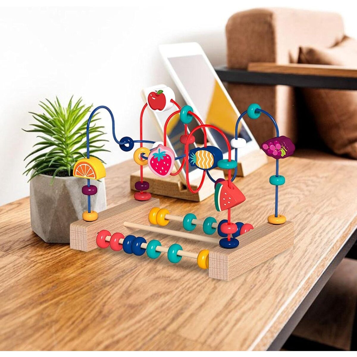 Jucarie din Lemn Montessori, Embo, Labirint Motricitate cu Abac si Animalute, Rollercoaster pentru Copii, Educativ, Dezvoltarea Abilitatilor Motorii, Numaratoare, 22x17x15 cm, Multicolor - imagine 8